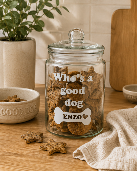 Dear Pet Co Personalised Glass Treat Jar | 4L | Who's A Good Dog
