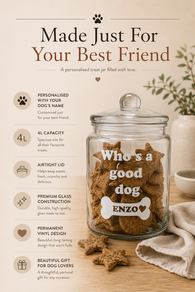 Dear Pet Co Personalised Glass Treat Jar | 4L | Who's A Good Dog