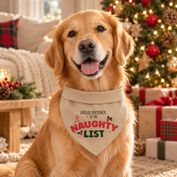 Proud Member of the Naughty List Christmas Dog Bandana | Oatmeal