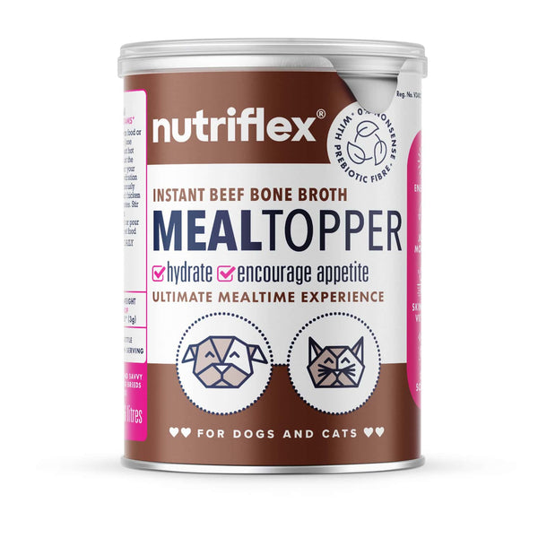 Can of Nutriflex Instant Beef Bone Broth Mealtopper for dogs and cats on a white background