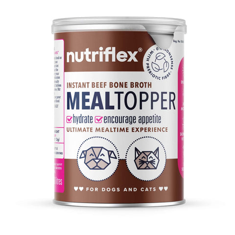 Can of Nutriflex Instant Beef Bone Broth Mealtopper for dogs and cats on a white background