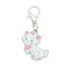 A white cat-shaped collar charm with pink and gray details, attached to a metal ring.