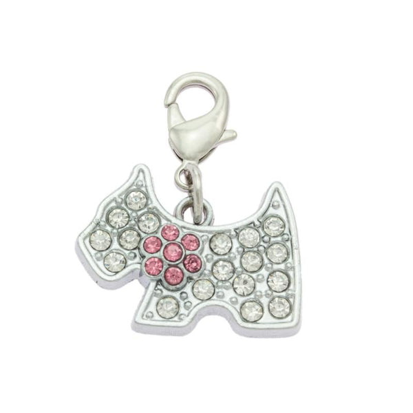 A silver-colored dog-shaped collar charm adorned with pink and clear crystals.