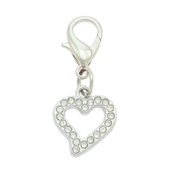 A heart-shaped dog collar charm with a silver tone and adorned with real czech crystals.