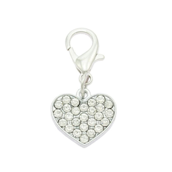 A heart-shaped dog collar charm with real czech crystals, with a metal ring for attachment.
