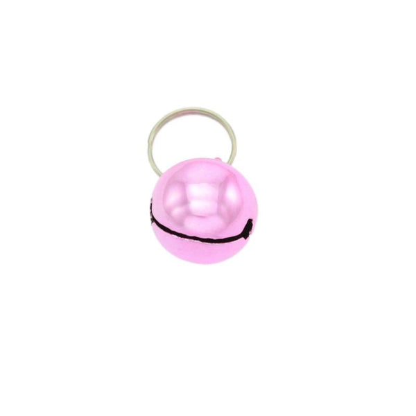 A pink cat collar bell with a jingle bell attached to a metal ring.